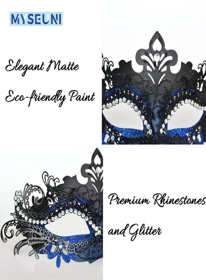 MYSEUNI Blue Masquerade Mask for Couple - Sparkling Rhinestone Metal Mascarades Mask for Women & Venetian Masks for Men - Perfect for Mardi Gras Party, Carnival, Halloween, Masquerade Balls - Image 2