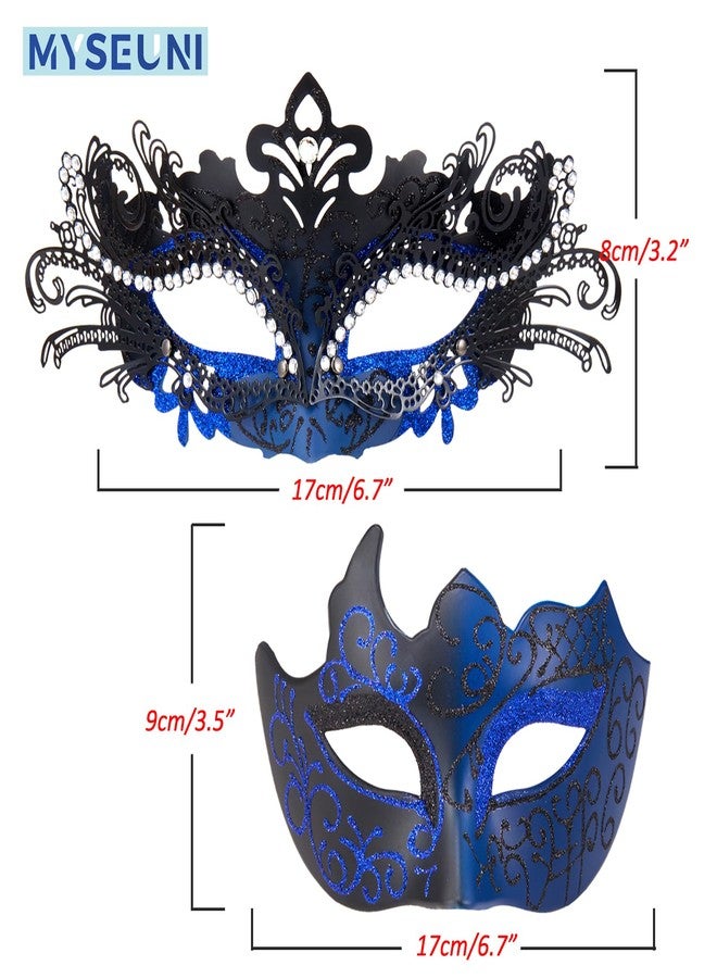 MYSEUNI Blue Masquerade Mask for Couple - Sparkling Rhinestone Metal Mascarades Mask for Women & Venetian Masks for Men - Perfect for Mardi Gras Party, Carnival, Halloween, Masquerade Balls - Image 5