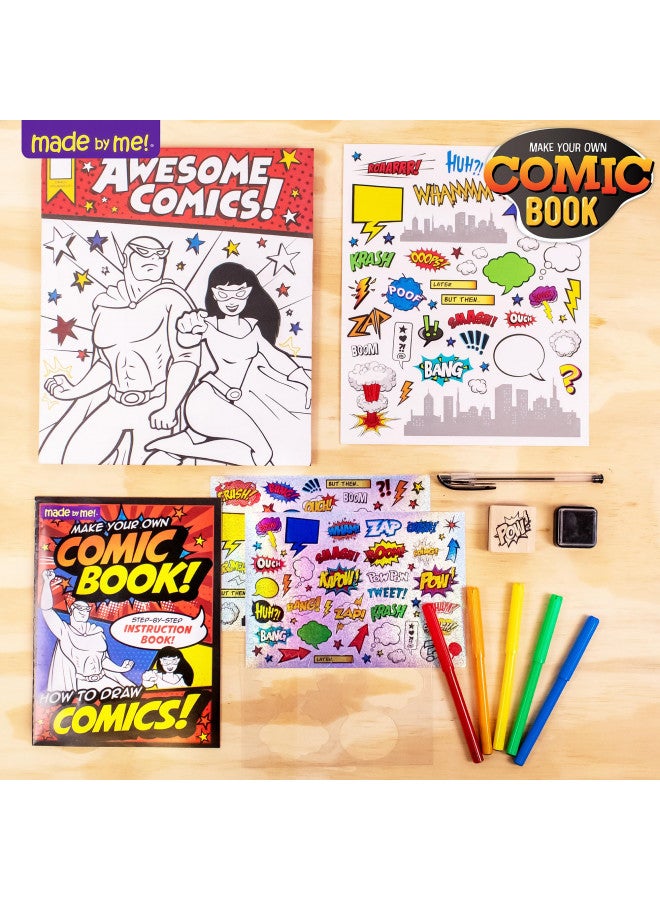 Made By Me Make Your Own Comic Book Storytelling Kit for Kids, 15-Page, Hardcover, How-to Draw Instructional Guide, Comic Inspired Stickers & Stamp, Holographic Stickers, 5 Vibrant Markers - Image 2