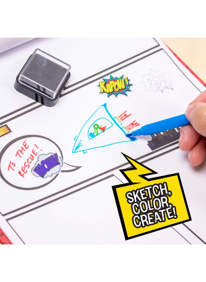 Made By Me Make Your Own Comic Book Storytelling Kit for Kids, 15-Page, Hardcover, How-to Draw Instructional Guide, Comic Inspired Stickers & Stamp, Holographic Stickers, 5 Vibrant Markers - Image 3