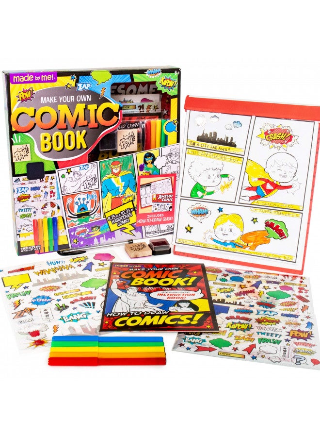 Made By Me Make Your Own Comic Book Storytelling Kit for Kids, 15-Page, Hardcover, How-to Draw Instructional Guide, Comic Inspired Stickers & Stamp, Holographic Stickers, 5 Vibrant Markers - Image 1