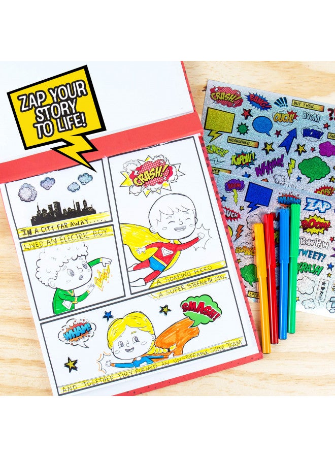 Made By Me Make Your Own Comic Book Storytelling Kit for Kids, 15-Page, Hardcover, How-to Draw Instructional Guide, Comic Inspired Stickers & Stamp, Holographic Stickers, 5 Vibrant Markers - Image 5
