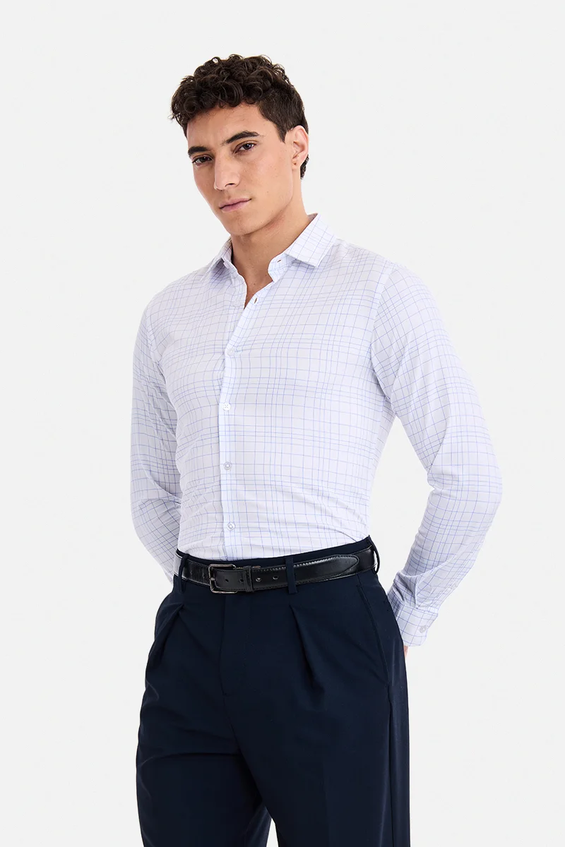 سنيتش White Checkered Long Sleeve Slim Fit Formal Luxe Shirt