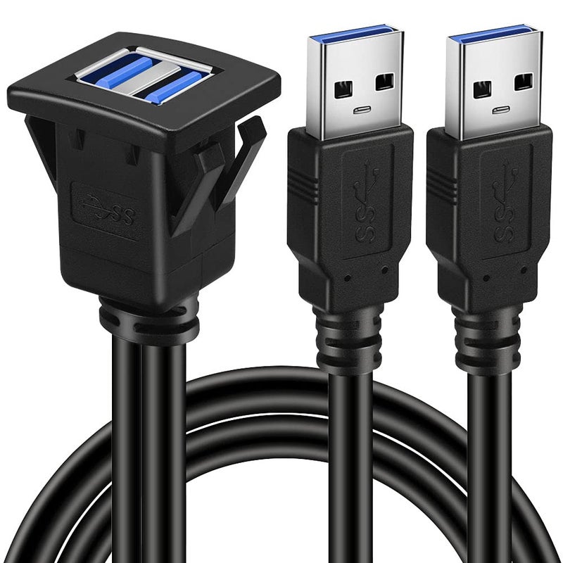 BATIGE Dual Ports Square USB 3.0 Panel Flush Mount Extension Cable with Buckle for Car Truck Boat Motorcycle Dashboard-3ft - Image 1