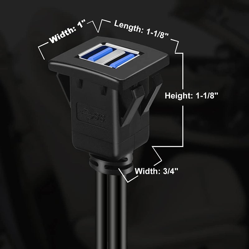 BATIGE Dual Ports Square USB 3.0 Panel Flush Mount Extension Cable with Buckle for Car Truck Boat Motorcycle Dashboard-3ft - Image 5