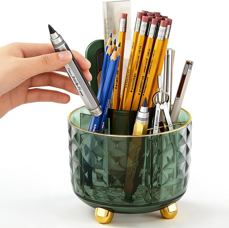 GOTOBA Dark Green Pen Pencil Holder for Desk, 360° Rotating Pen Organizer, Green Office Supplies, Cute Pen Holder, 6-Compartment Pencil Holder Rotating - Image 1