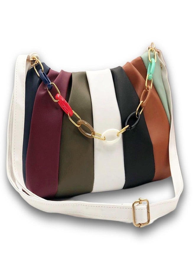 KRIFTY Multicolour Striped Shoulder Bag with Chain Strap, Faux Leather Handbag, Rainbow Design - Image 1