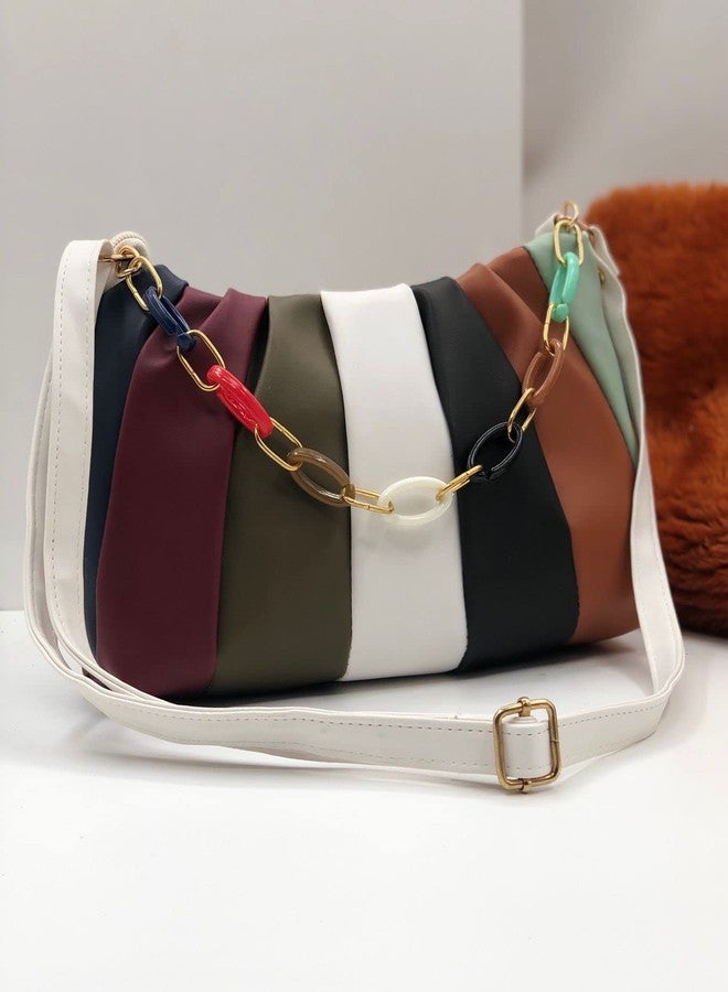 KRIFTY Multicolour Striped Shoulder Bag with Chain Strap, Faux Leather Handbag, Rainbow Design - Image 3