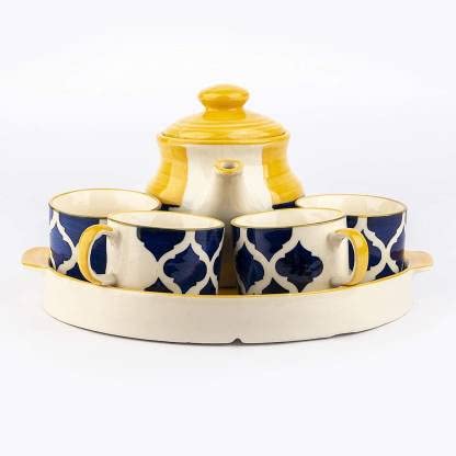 Frizka Moroccan Yellow Blue Tea Cup with Kettle and Tray Morning Set - Image 1