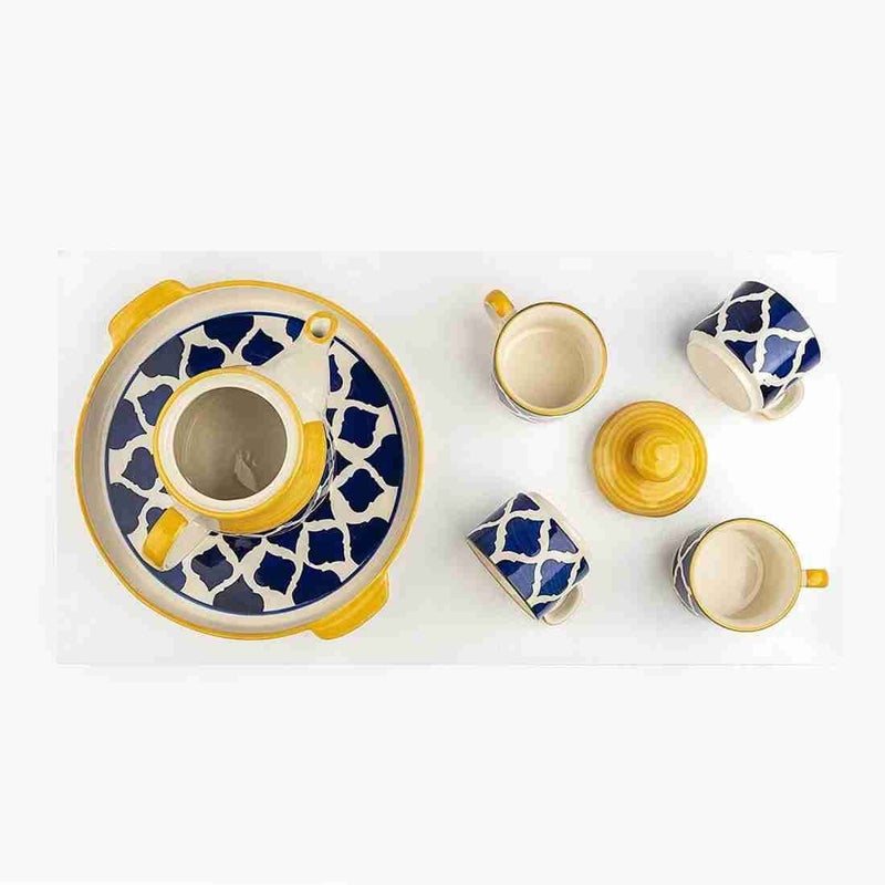 Frizka Moroccan Yellow Blue Tea Cup with Kettle and Tray Morning Set - Image 2