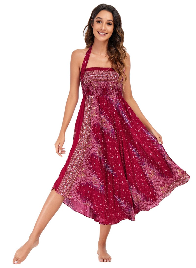 Loquat - Casual Dress Half Skirt Beach Vacation Skirt Two Dresses Full Skirt Red - Image 1