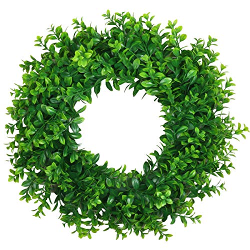 U'Artlines 17inch Front Door Wreaths Artificial Spring Summer Greenery Hanging Garland for Home Wedding Wall Window Decoration (17'inch Boxwood,1) - Image 1