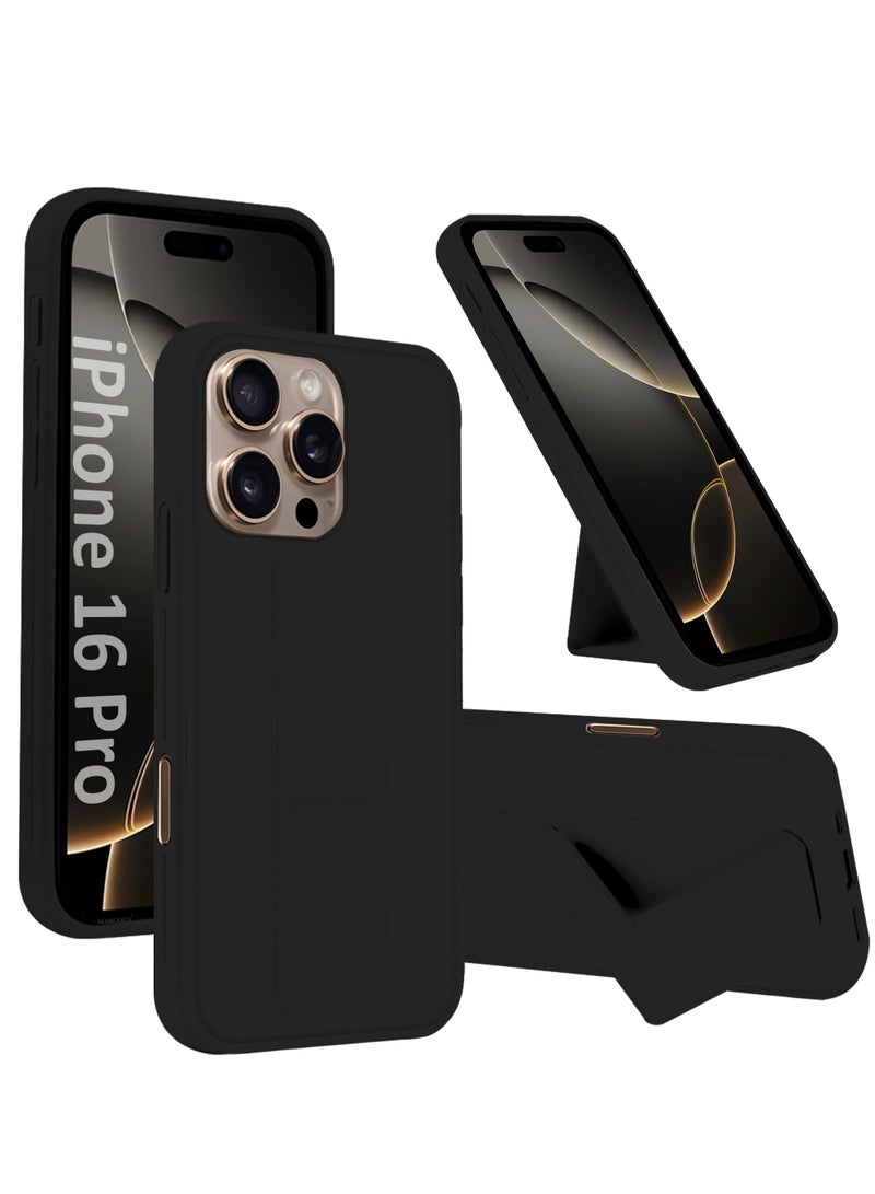 CATANES (for Apple iPhone 16 Pro) Case Premium PU Leather Back Cover with Stand Function Shockproof and Anti Scratch Finger Grip Case Cover / Black - Image 1