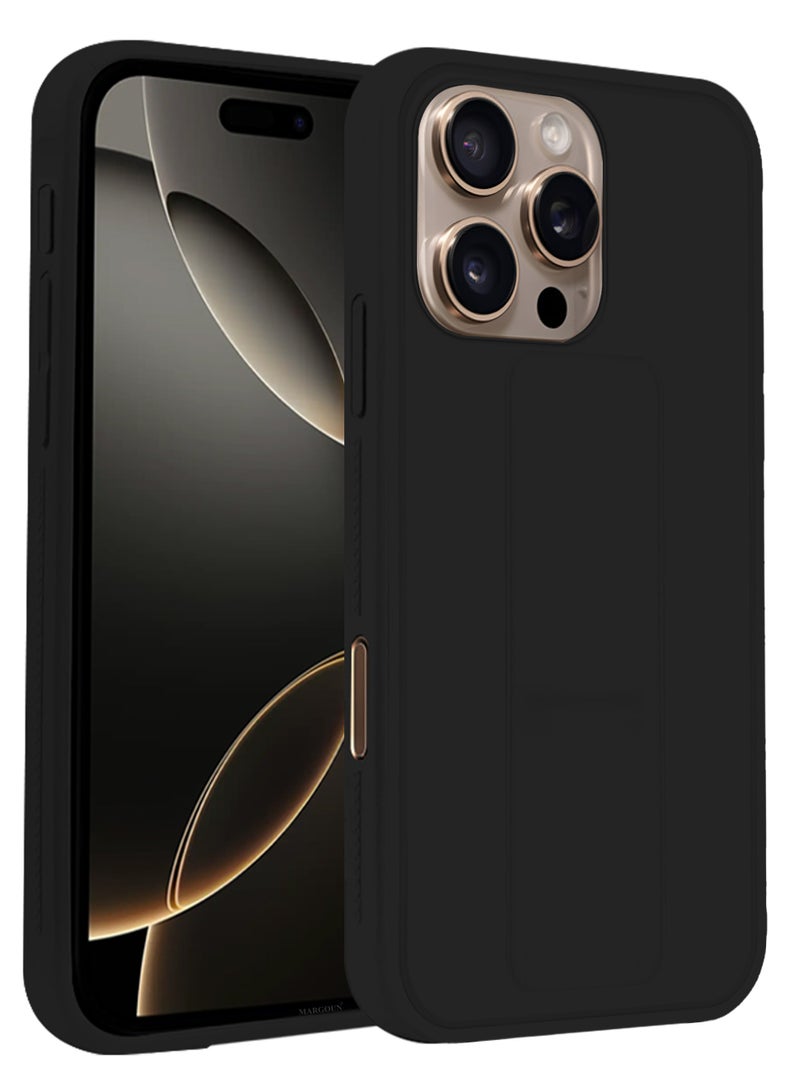 CATANES (for Apple iPhone 16 Pro) Case Premium PU Leather Back Cover with Stand Function Shockproof and Anti Scratch Finger Grip Case Cover / Black - Image 2