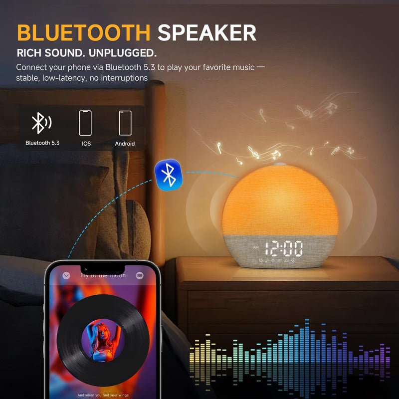 Geuuap Sunrise Alarm Clock White Noise Sound Machine for Bedroom | Natural Wake-Up Light with 30 Soothing Sleep Aids, Bluetooth Speaker, Dimmable Clock, Screen-Free Design for Baby Adults Kids-Khaki - Image 5