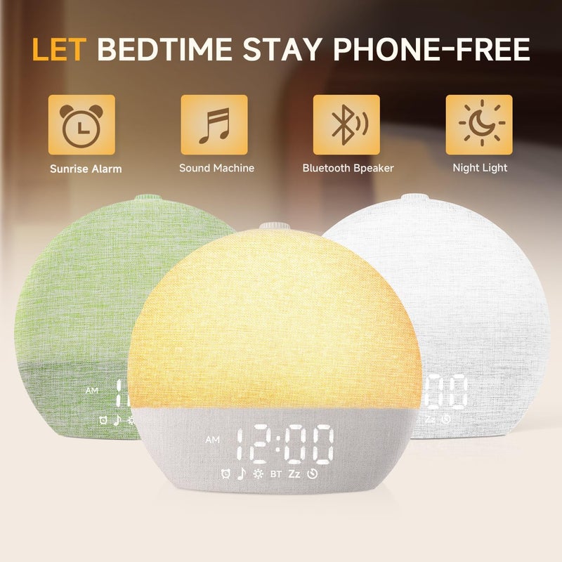 Geuuap Sunrise Alarm Clock White Noise Sound Machine for Bedroom | Natural Wake-Up Light with 30 Soothing Sleep Aids, Bluetooth Speaker, Dimmable Clock, Screen-Free Design for Baby Adults Kids-Khaki - Image 2