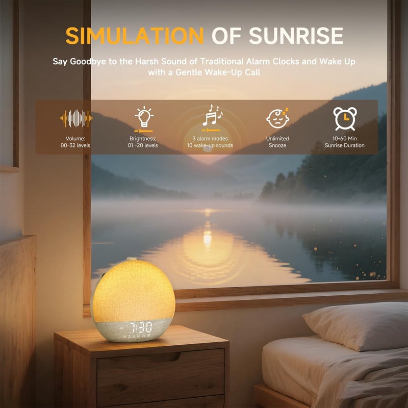 Geuuap Sunrise Alarm Clock White Noise Sound Machine for Bedroom | Natural Wake-Up Light with 30 Soothing Sleep Aids, Bluetooth Speaker, Dimmable Clock, Screen-Free Design for Baby Adults Kids-Khaki - Image 3