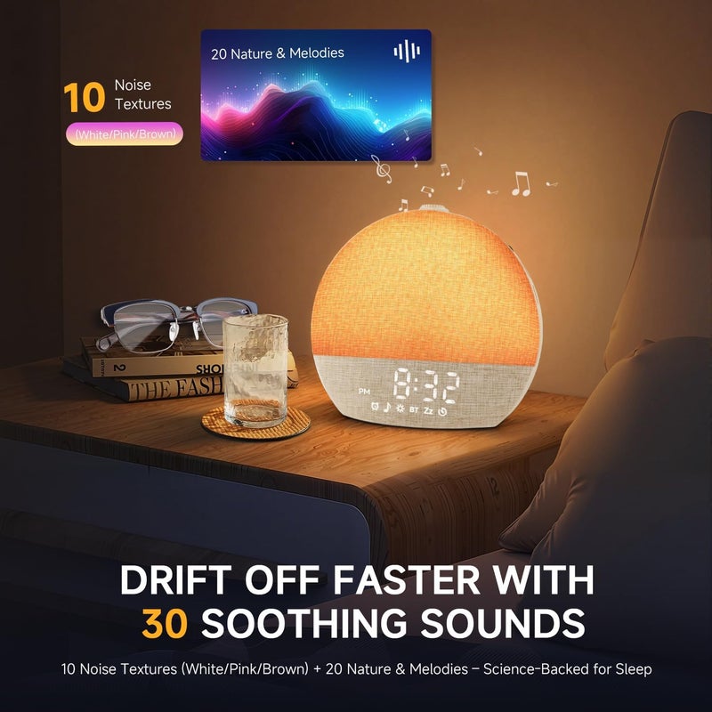 Geuuap Sunrise Alarm Clock White Noise Sound Machine for Bedroom | Natural Wake-Up Light with 30 Soothing Sleep Aids, Bluetooth Speaker, Dimmable Clock, Screen-Free Design for Baby Adults Kids-Khaki - Image 4