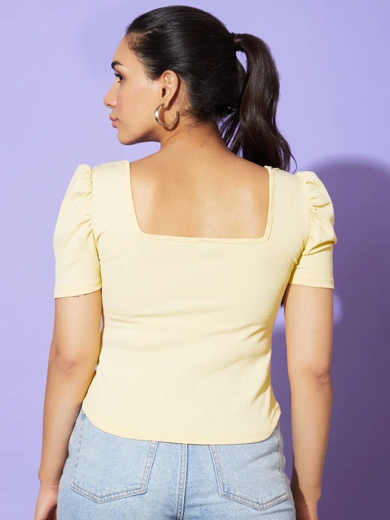 globus Women Yellow Self Design Puff Sleeve Slim Fit Cotton Top