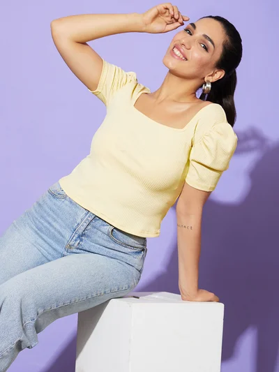 globus Women Yellow Self Design Puff Sleeve Slim Fit Cotton Top