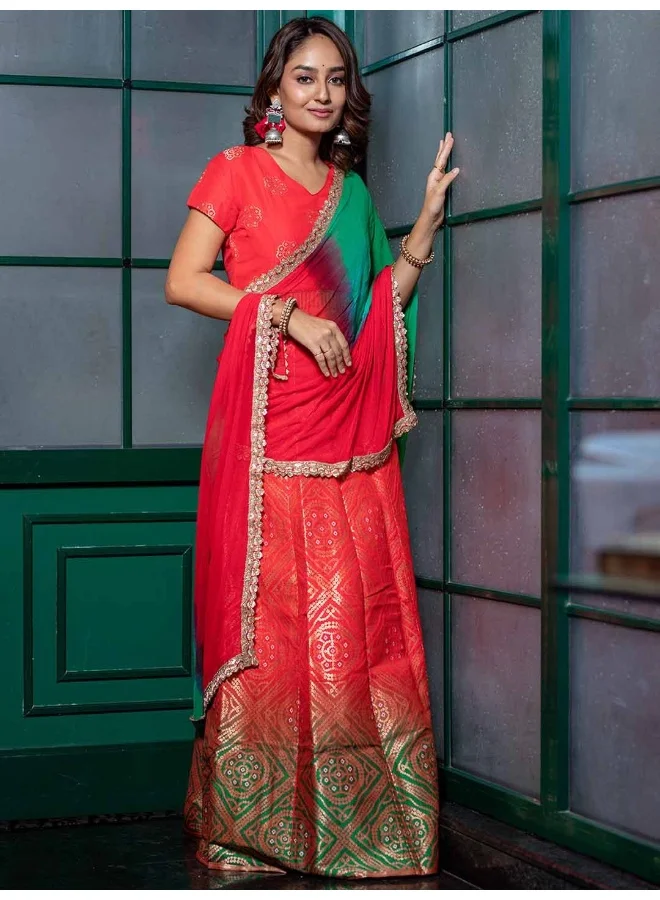 AKS Red and Green Toned Woven Design Lehenga Choli With Dupatta