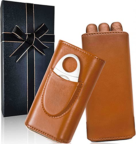 Teakungne Leather Cigar Travel Case with Cutter & Gift Box - Wood Lined Humidor, Perfect Cigar Accessory Gift for Men - Image 1