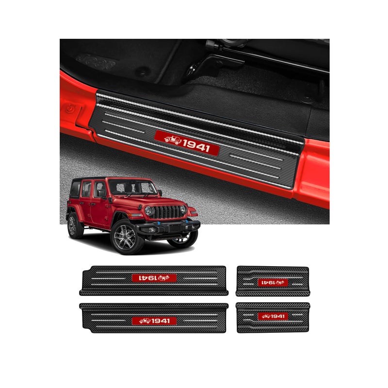 Bercicci 4PCS Door Sill Guards for Jeep 2018-2026 Wrangler JL JLU & 2020-2026 Gladiator JT Accessories Stainless Steel Material Red Trim Door Sill Protector Carbon Fiber Front Rear Door Entry Guard - Image 1
