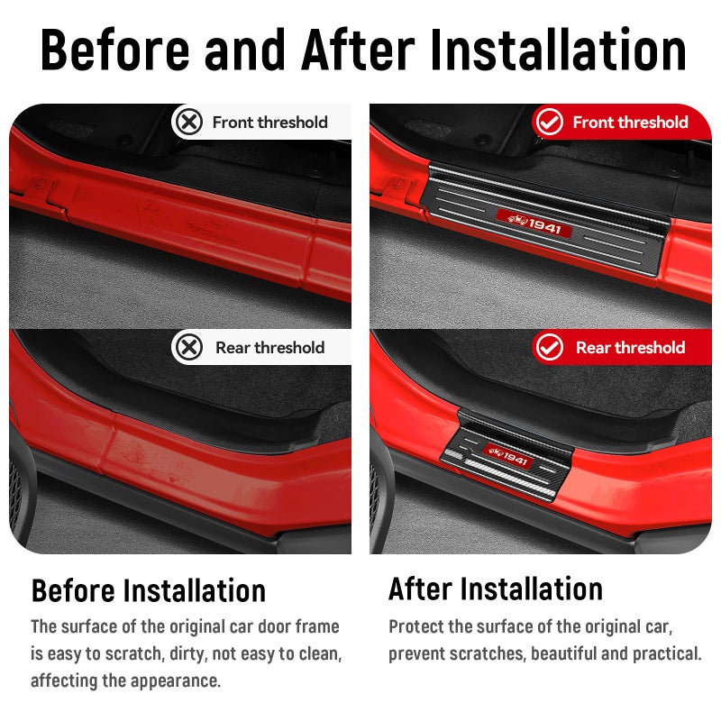 Bercicci 4PCS Door Sill Guards for Jeep 2018-2026 Wrangler JL JLU & 2020-2026 Gladiator JT Accessories Stainless Steel Material Red Trim Door Sill Protector Carbon Fiber Front Rear Door Entry Guard - Image 2