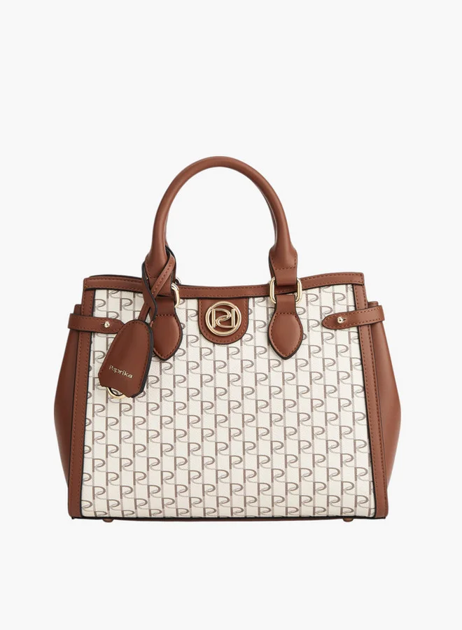 بابريكا Monogram Print Tote Bag with Double Handle and Zip Closure