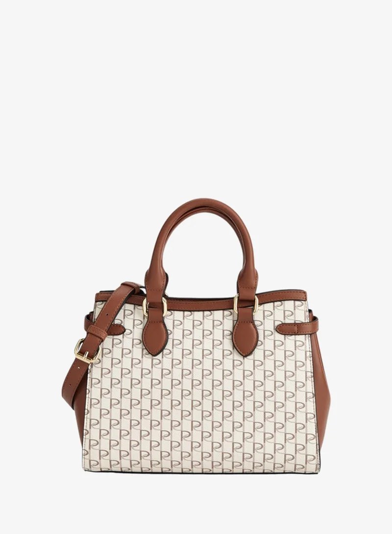 Paprika Monogram Print Tote Bag with Double Handle and Zip Closure