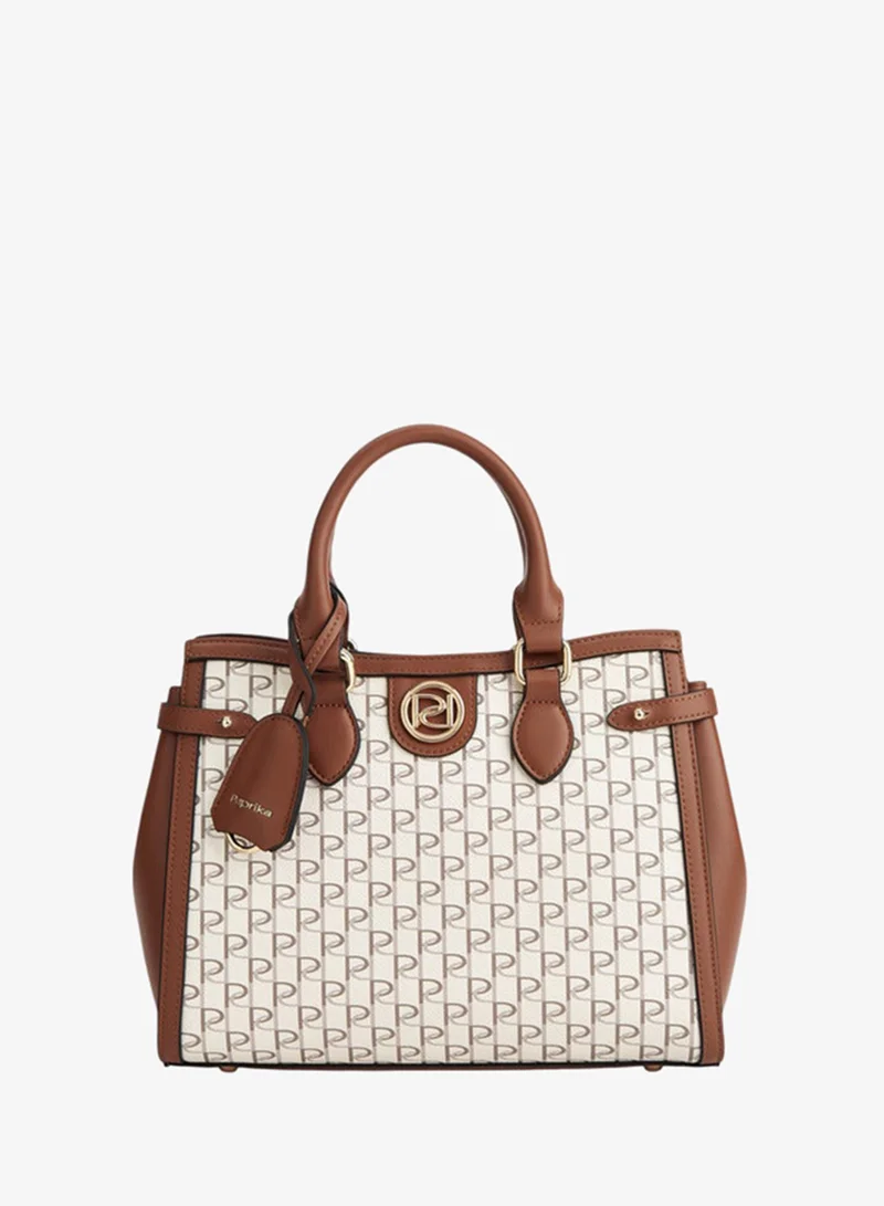 Paprika Monogram Print Tote Bag with Double Handle and Zip Closure