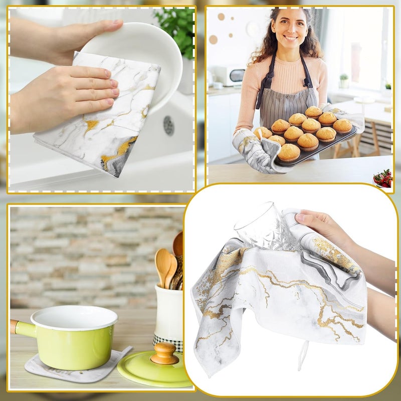Fourluoo 10 Pcs Christmas Marble Farmhouse Kitchen Decor Accessories Set Marble Kitchen Dish Towels Rugs Oven Mitts and Pot Holders Sets for Cooking Baking Daughter Mom Gift(White) - Image 4