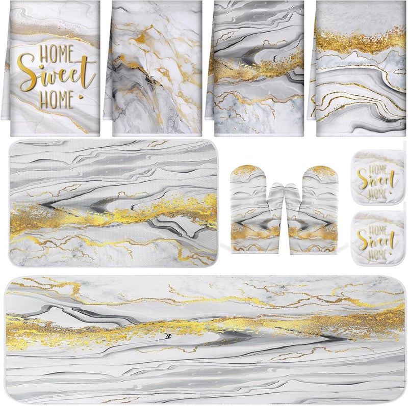 Fourluoo 10 Pcs Christmas Marble Farmhouse Kitchen Decor Accessories Set Marble Kitchen Dish Towels Rugs Oven Mitts and Pot Holders Sets for Cooking Baking Daughter Mom Gift(White) - Image 1