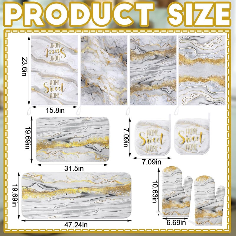 Fourluoo 10 Pcs Christmas Marble Farmhouse Kitchen Decor Accessories Set Marble Kitchen Dish Towels Rugs Oven Mitts and Pot Holders Sets for Cooking Baking Daughter Mom Gift(White) - Image 3