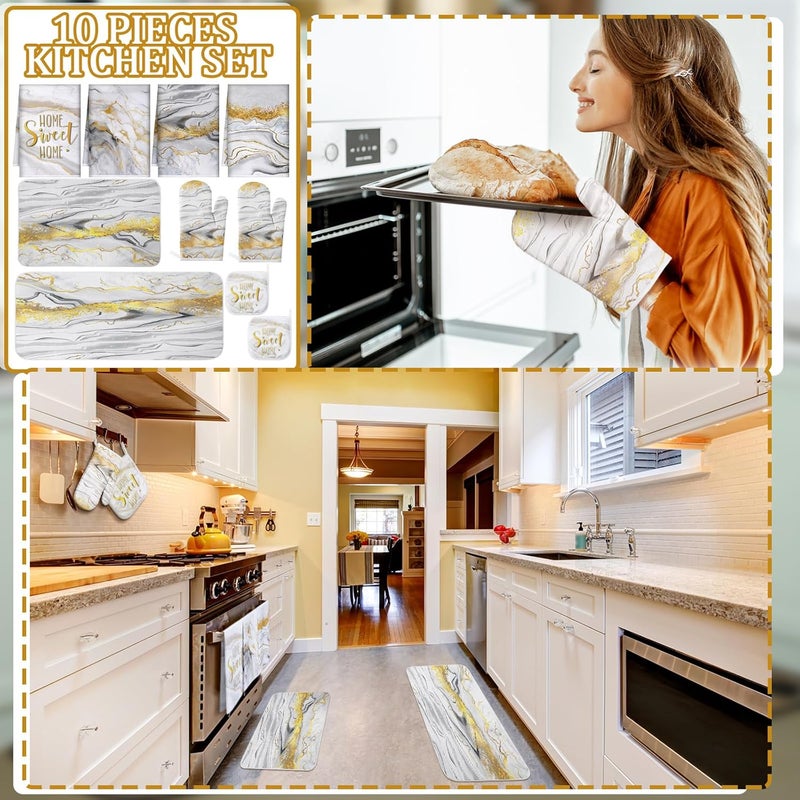 Fourluoo 10 Pcs Christmas Marble Farmhouse Kitchen Decor Accessories Set Marble Kitchen Dish Towels Rugs Oven Mitts and Pot Holders Sets for Cooking Baking Daughter Mom Gift(White) - Image 2