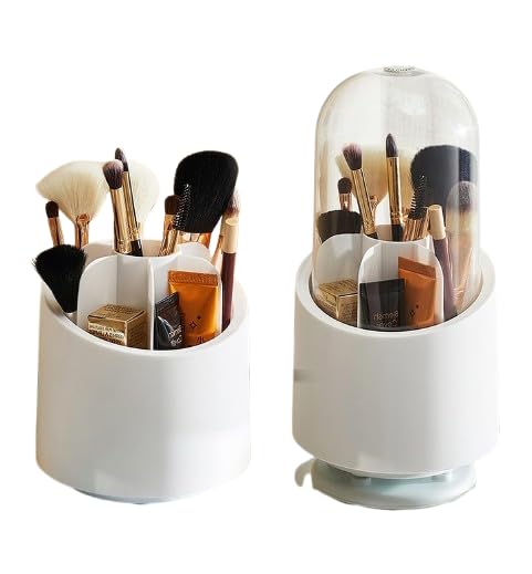 Wolpin 360° Rotating Cosmetic Makeup Brush Storage Holder (12.2 x 23.3 CM) | Dust-Proof Organiser for Lipstick, Pens & Accessories | Dressing Table Storage Stand for Home Use (White) - Image 2