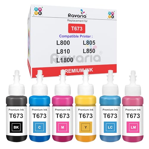 Ravaria T673 Compatible Refill Ink for EP L805 L800 L1800 L810 L850 Printer (T673 Ink 6 Color Set) - Image 1
