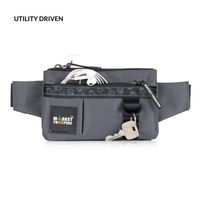 Monkey Troopers Pockit Waist Bag for Men & Women, 1L Capacity | Compact Travel Waist Pack with Multiple Pockets, Adjustable Strap, D-Ring Utility Loop, Hands-Free Grey Crossbody Sling Bag - Image 3