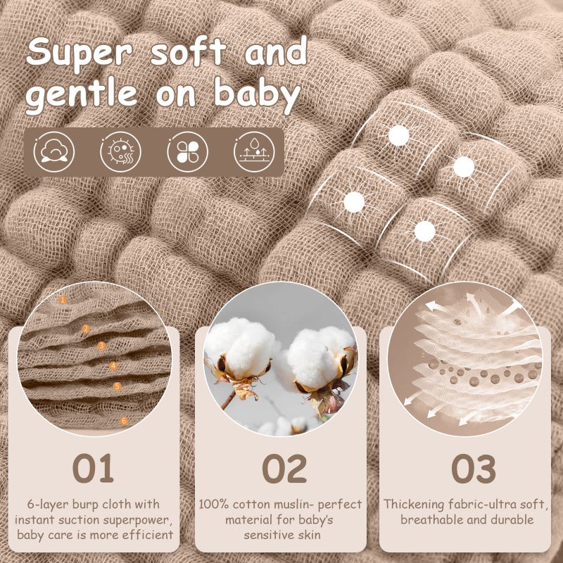 Looxii Muslin Burp Cloths 100% Cotton Muslin Cloths Large 20''x10'' Extra Soft and Absorbent 6 Pack Baby Burping Cloth for Boys and Girls (Brown) - Image 2