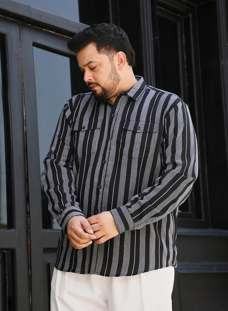 Instafab Plus  Instafab Plus Men's Grey & Black Utility Multitrack-Striped Shirt For Casual Wear | Spread Collar | Long Sleeves | Button Closure | Plus Size Shirt Crafted With Comfort Fit For Everyday Wear for Men | Best Price UAE