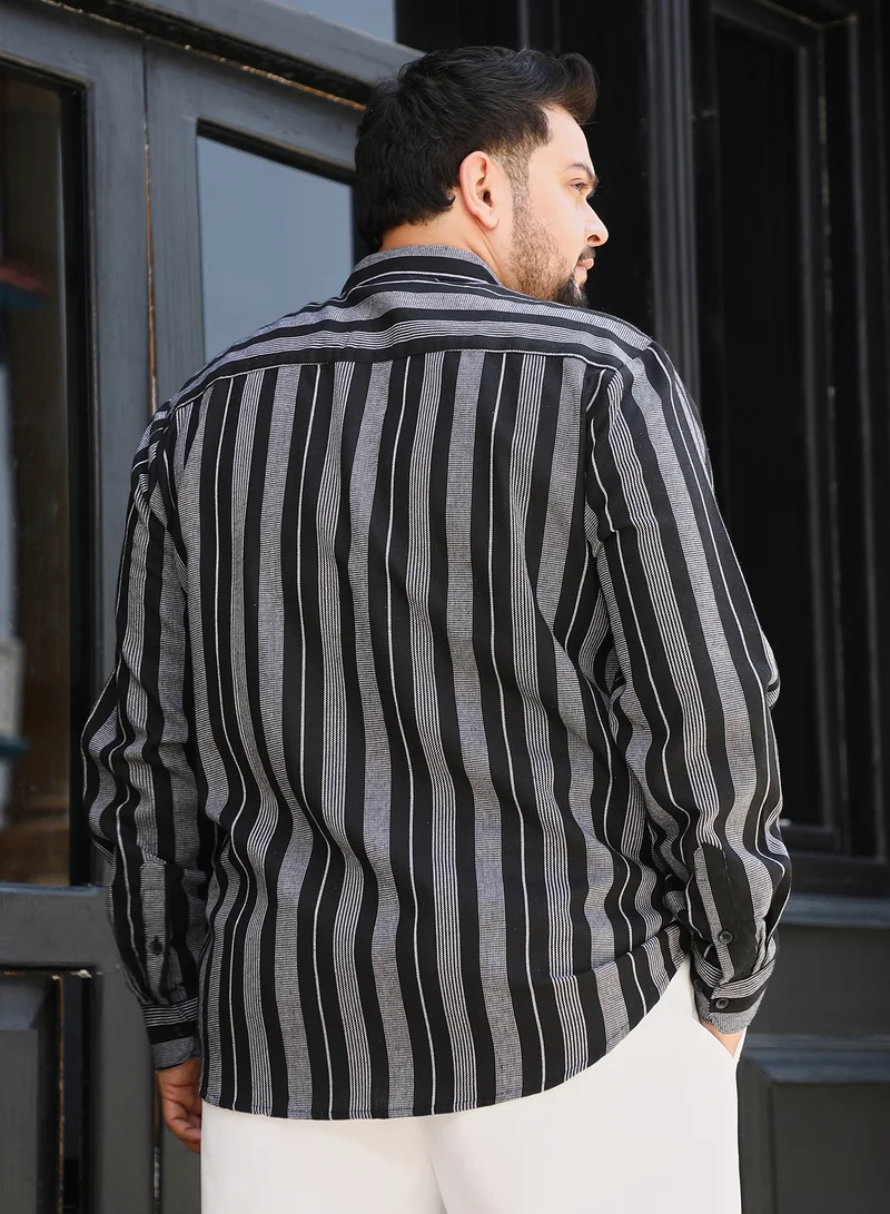 Instafab Plus  Instafab Plus Men's Grey & Black Utility Multitrack-Striped Shirt For Casual Wear | Spread Collar | Long Sleeves | Button Closure | Plus Size Shirt Crafted With Comfort Fit For Everyday Wear for Men | Best Price UAE