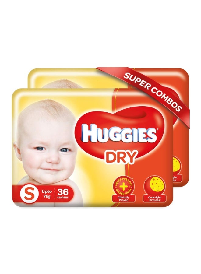 Huggies New Dry Small (S) Size Diapers for Babies, 36*2 Counts (Upto 7 kg), Combo Pack of 2, 36 Counts Per Pack (72 Counts) - Image 1