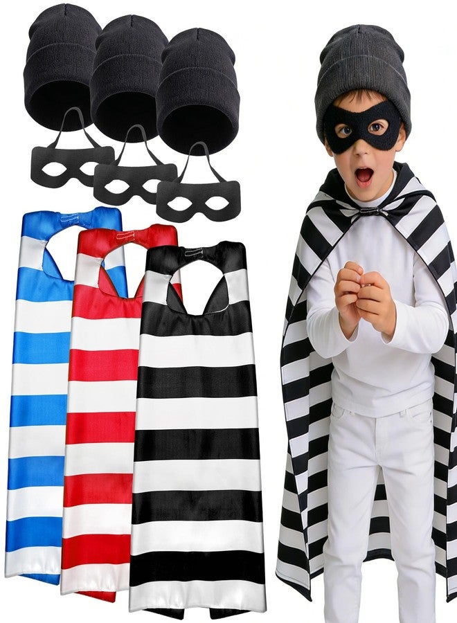 Sepco Striped Prisoner Capes and Masks for Kids Inmate Jail Costume Jailbird Prison Outfit Halloween Gangster Dress Up Beanie 3 Sets - Image 1