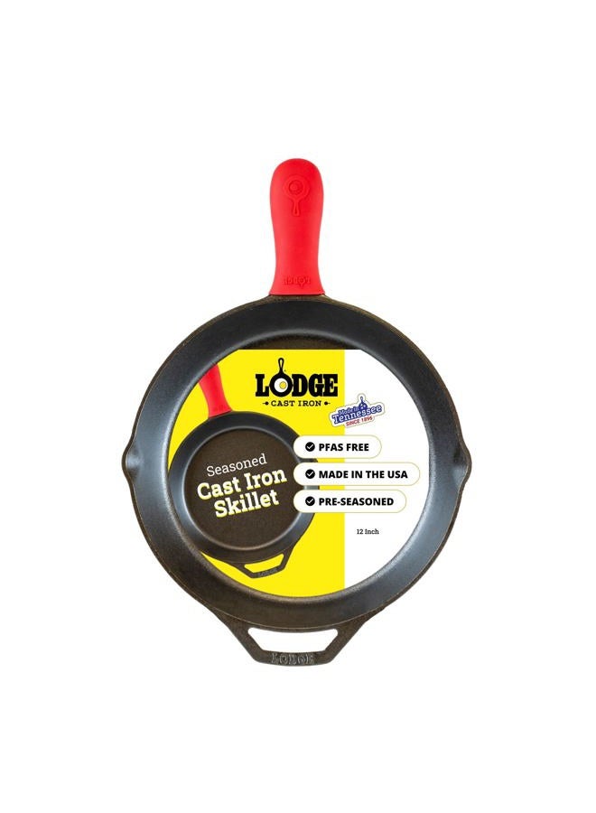 Lodge Cast Iron Skillet With Red Silicone Hot Handle Holder, 12-Inch - Image 1