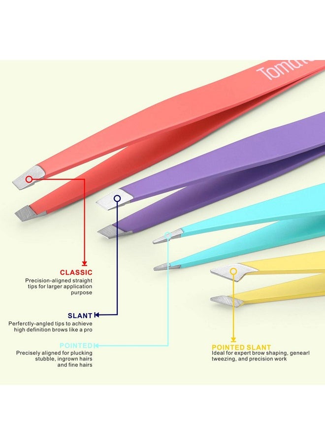 Tweezers For Eyebrows Slant Tip And Pointed Eyebrow Tweezer Set Great Precision For Eyebrows Facial Hair Ingrown Hair Splinter Blackhead And Tick Remover (4Piece) (Multicolor)
