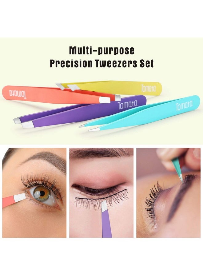 Tweezers For Eyebrows Slant Tip And Pointed Eyebrow Tweezer Set Great Precision For Eyebrows Facial Hair Ingrown Hair Splinter Blackhead And Tick Remover (4Piece) (Multicolor)