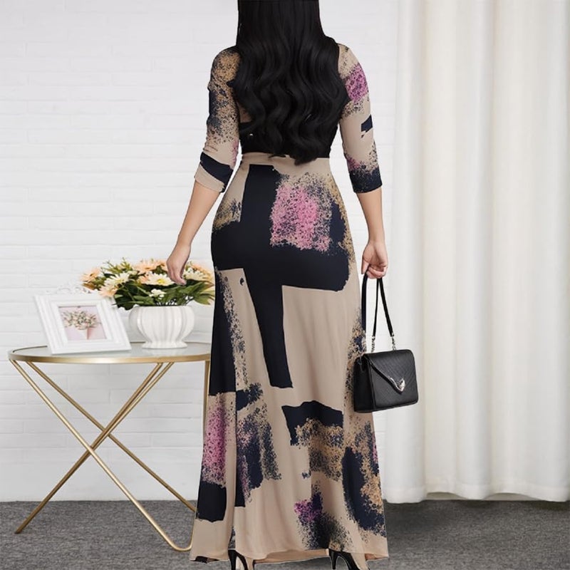 CaniBtr Long Dresses for Women Casual 3/4 Sleeve Printed Wrap V Neck Plus Size Elegant Semi Formal Maxi Church Dress with Belt L - Image 2