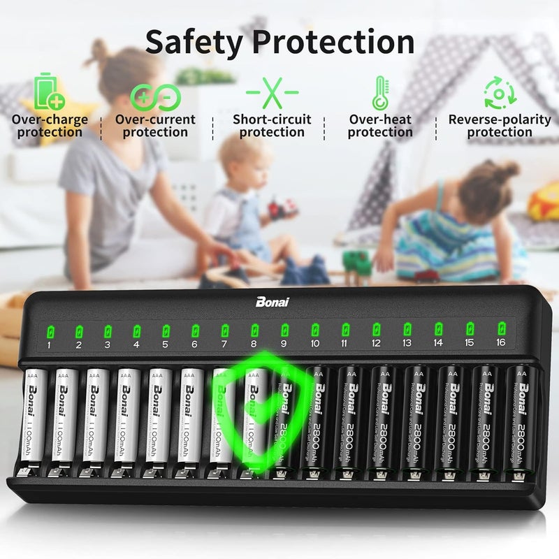بوناي شاحن بطاريات AA AAA 16 فتحة لبطاريات NiMH القابلة لإعادة الشحن مع تحكم مستقل وضوء LED وقابس شحن أمريكي قياسي، البطاريات غير متضمنة - أسود - Image 4