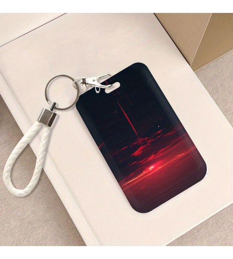 Crimson Dusk Mixed Color 2 Slot ID Card Holder And Lanyard Durable Plastic Card Protector With Stylish Sunset Design For Doctors Nurses Students Staff Bank Access Cards - Image 2