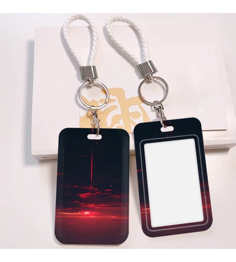 Crimson Dusk Mixed Color 2 Slot ID Card Holder And Lanyard Durable Plastic Card Protector With Stylish Sunset Design For Doctors Nurses Students Staff Bank Access Cards - Image 1